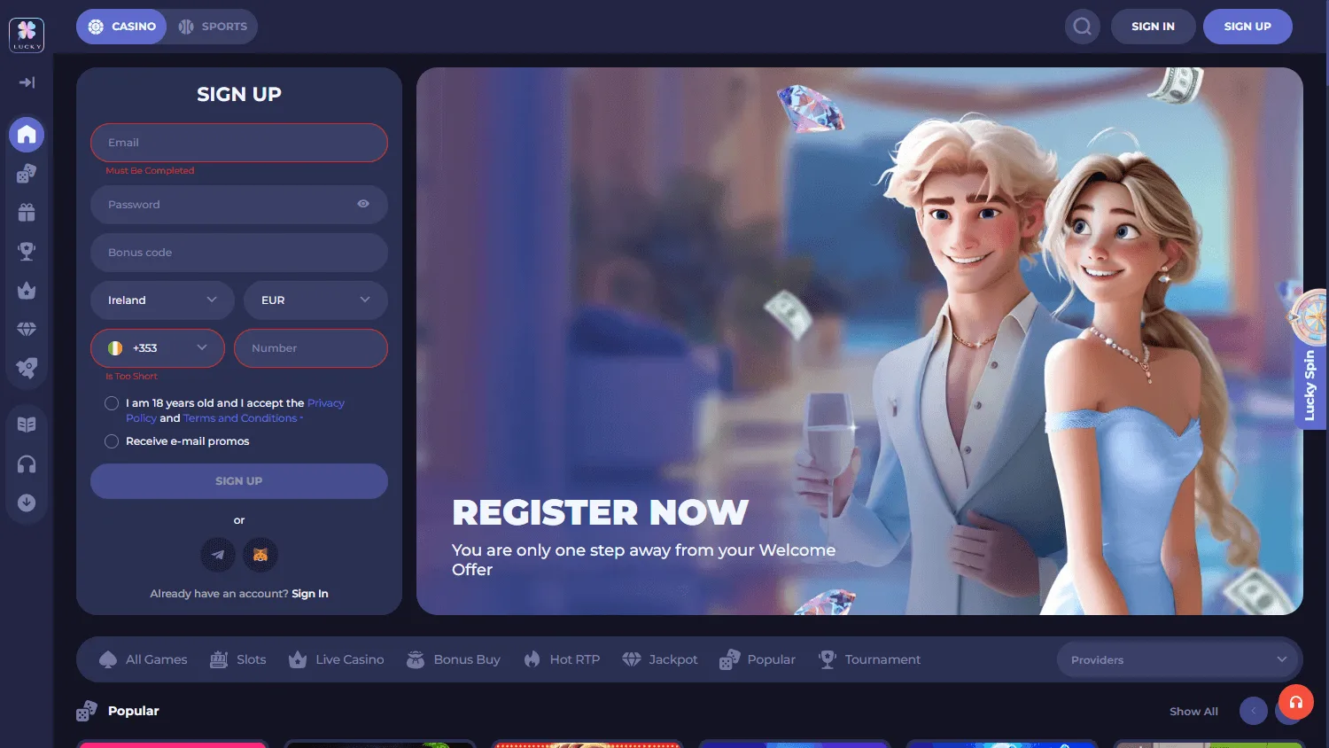 Lucky Friends Casino home view on a desktop browser