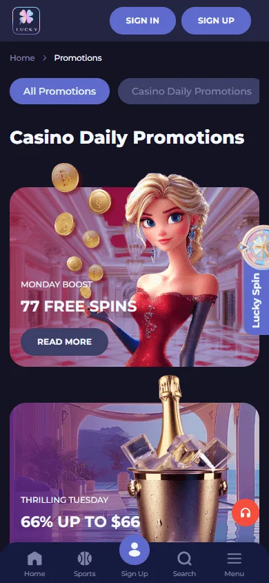 Lucky Friends Casino promotions area on a mobile browser