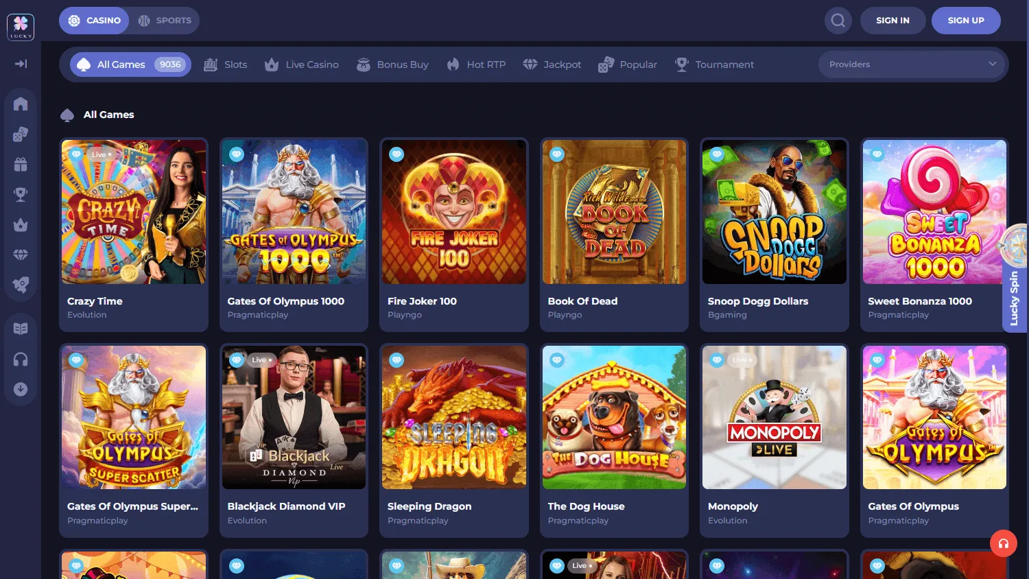 Lucky Friends Casino games catalogue on desktop