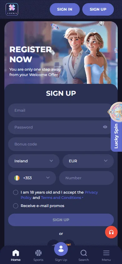 Lucky Friends Casino home view on a mobile browser