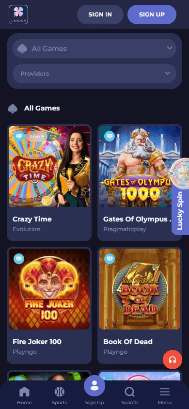 Lucky Friends Casino games catalogue on a mobile browser